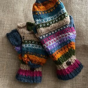Colorful Knit fingerless option with button closure gloves from Sundance website